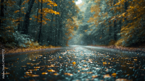 A rainy day with leaves on the ground