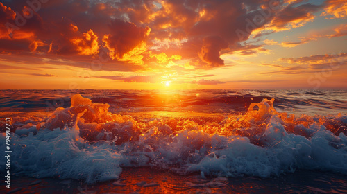 The ocean is full of waves and the sun is setting