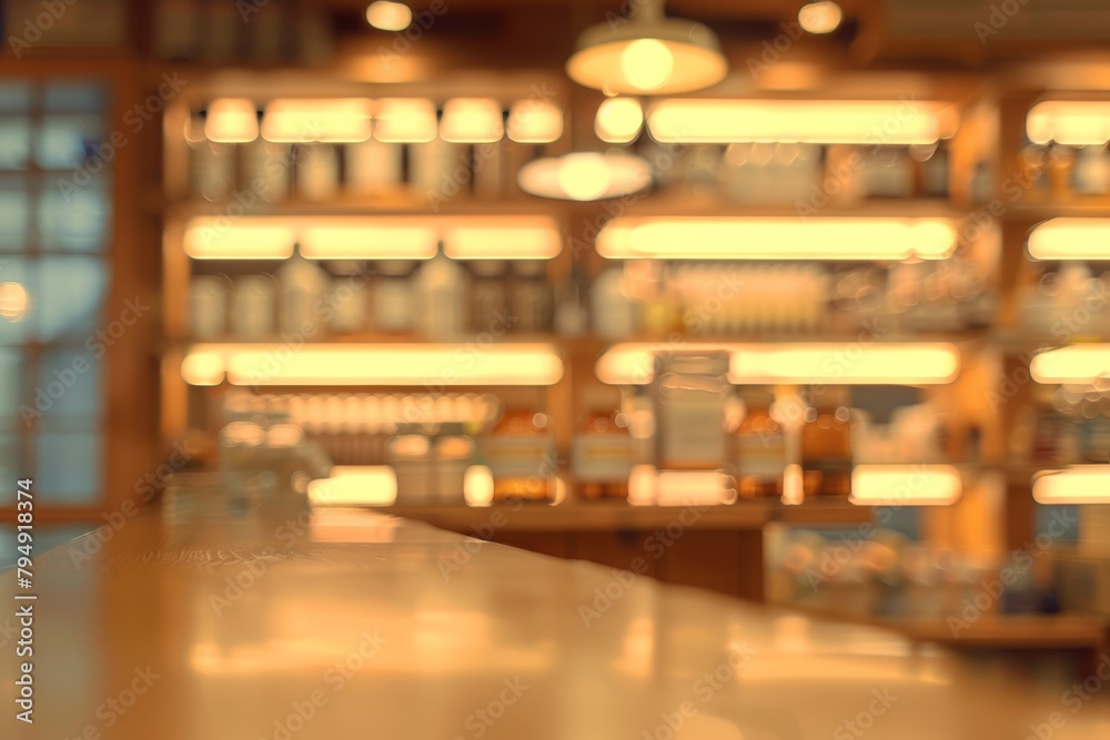.Blurred pharmacy background with shelves full of medicine and healthcare products. .Blurred pharmacy background with shelves full of medicine and healthcare products.