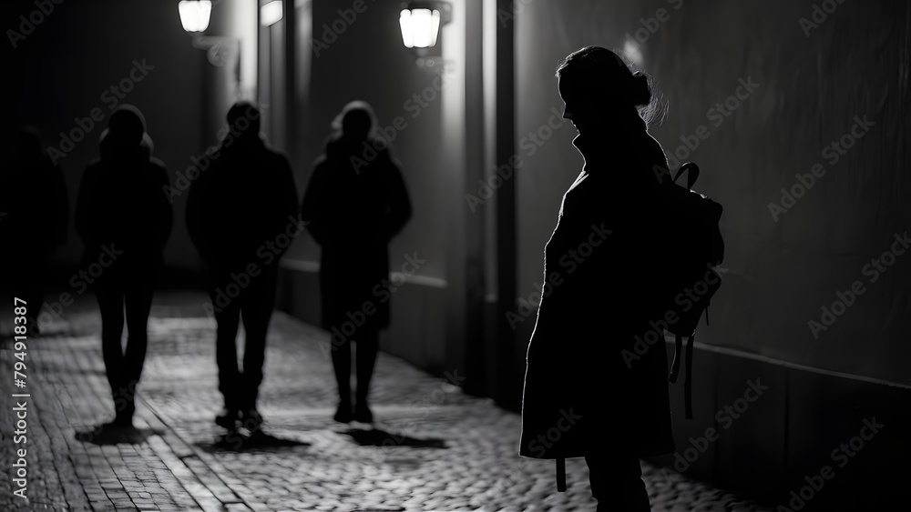 a woman's silhouette, standing alone on a dimly lit cobblestone street. Her coat flows gracefully in the night breeze, and a mysterious bag is strapped to her back.