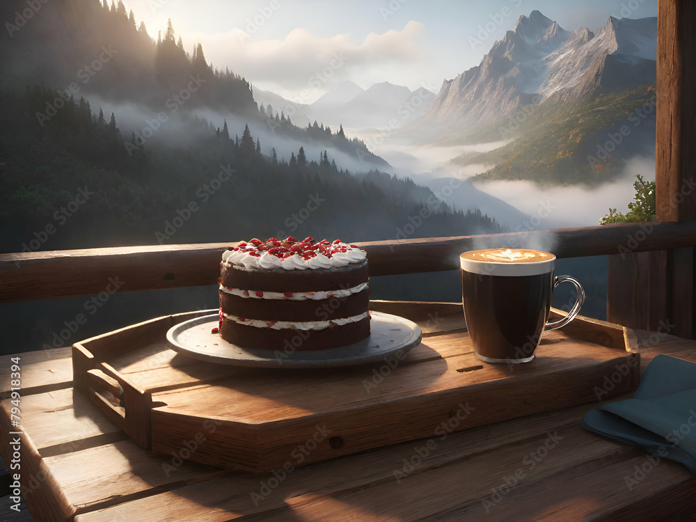 A slice of cake in a wooden tray with coffee at a mountain cafe in the morning with a misty view - obrazy, fototapety, plakaty 