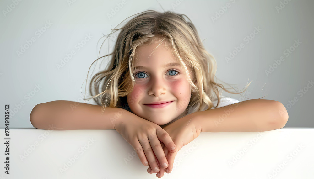 Happy smling blonde girl is looking behind a wall. Generative ai design. Happy smling blonde girl is looking behind a wall. Generative ai design.