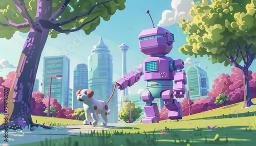 A lavender robot with a rounded, bubbly design walks a robotic dog that barks in beeps and boops through a pixelated park a playful retro cartoon concept photo