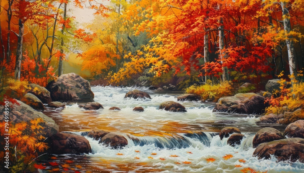 A river in autumn flows briskly, its surface reflecting the brilliant oranges and reds of the falling leaves, a vibrant tapestry of color, kawaii, bright water color A river in autumn flows briskly, its surface reflecting the brilliant oranges and reds of the falling leaves, a vibrant tapestry of color, kawaii, bright water color