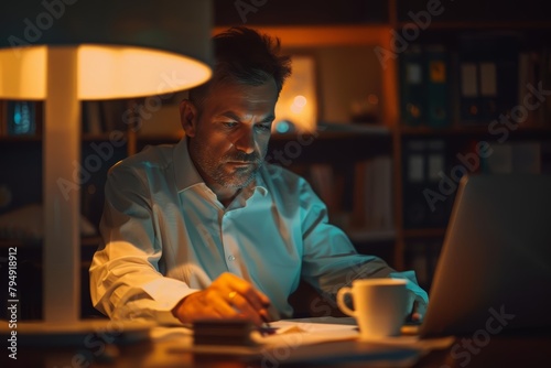 In the soft glow of his office lamp, a businessman refuels with coffee while finalizing a proposal for a strategic partnership, business concept photo