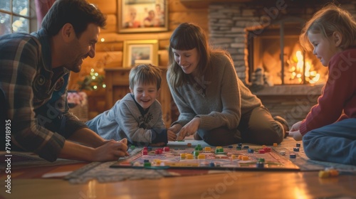 The family is sitting on the hardwood floor  sharing a fun board game event in front of the fireplace  enjoying the warmth and darkness. AIG41