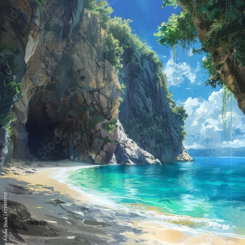 A secluded beach cove, hidden by towering cliffs, holds a secret paradise of soft sand and crystalclear waters, kawaii, bright water color