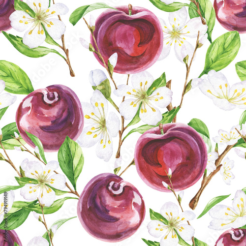 Plum tree seamless pattern watercolour illustration  © Ann Lou