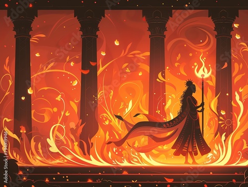 Agni Pariksha , Sita undergoing Agni Pariksha with flames in vivid orange and red