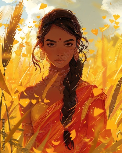 Bharata , Bharata waiting for Rama with a backdrop of golden yellow fields photo