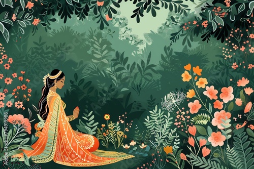 Ashok Vatika , Sita in Ashok Vatika, a garden with rich green and floral hues