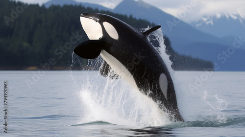 A majestic orca breaching the surface of the ocean  water cascading off its black and white body as it leaps into the air.