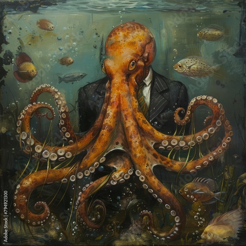 In the depths of the ocean, a businessman octopus wore ties on each arm, marketing seaweed suits to the fashionable fish