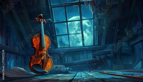 In a cozy attic, an old wooden violin comes to life, playing hauntingly beautiful melodies that echo through the moonlit windows a magical music cartoon concept