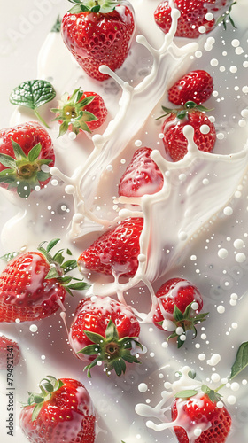 Juicy strawberries dance in irresistible cascades of milk...Temptation in every bite: luxurious strawberries meet healthy milk in a visual feast.