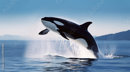 A majestic orca breaching the surface of the ocean, water cascading off its black and white body as it leaps into the air. © Creative