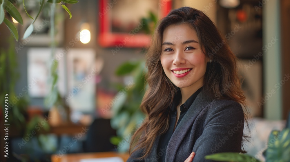 Businesswoman smile sits on sofa in office long hair Asian female in suit