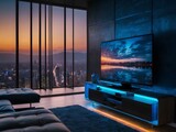 Modern smart home design with monitor screen and blue neon lights. Generative ai.