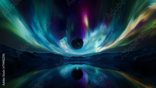 A luminous full moon hovers above an ethereal cosmic seascape. Towering teal waves crest and curve, mirroring the glowing aurora borealis dancing across the starlit sky. photo