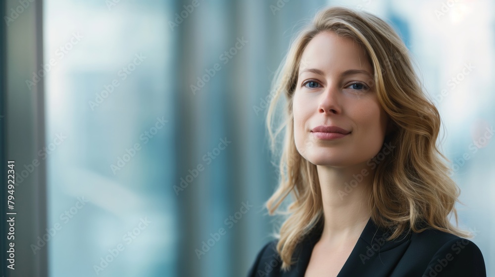 Businesswoman smile look at camera at office long hair blonde female Caucasian in suit