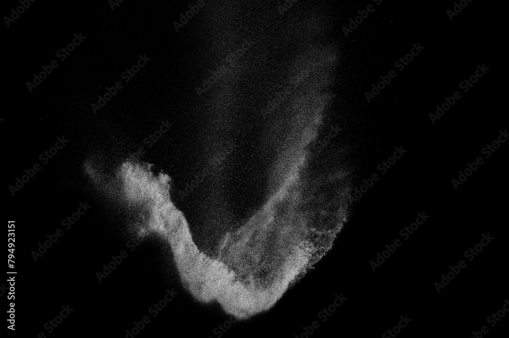 White texture isolated on black background. Light particles explosion. Dark textured overlay. - obrazy, fototapety, plakaty 