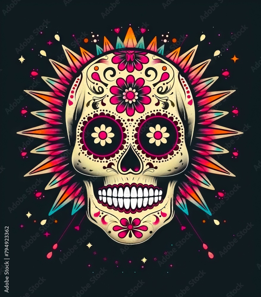 A sugar skull with flowers on a black background. A sugar skull with flowers on a black background.