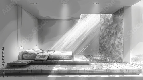 Surreal sketch of a bedroom with gravity-defying elements, featuring a floating bed and inverted furniture photo
