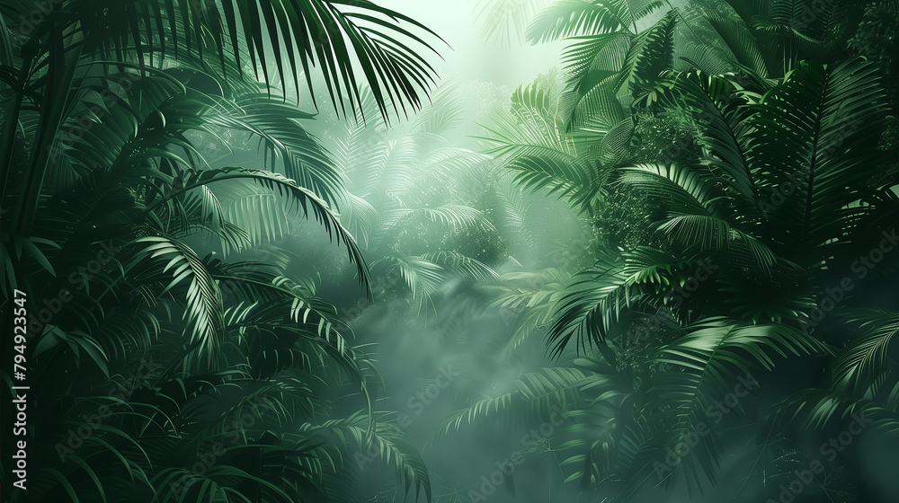 Naklejka premium A lush green jungle with a misty atmosphere