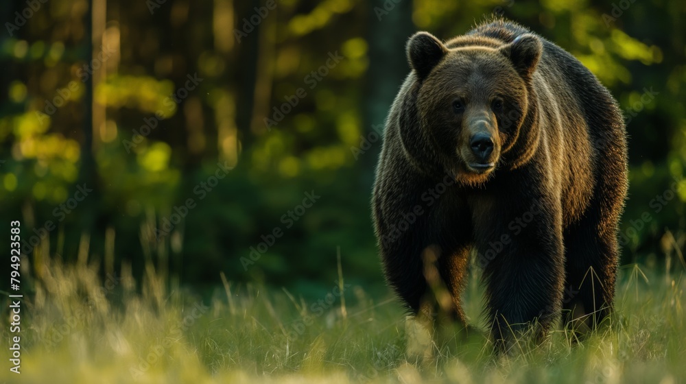 Fototapeta premium Brown bear walking on grass field near trees in forest