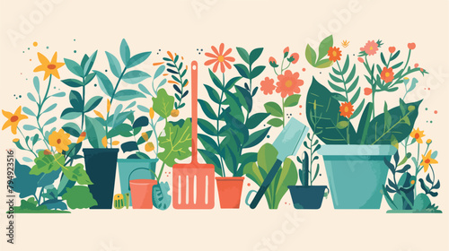 Composition with different gardening tools and plants