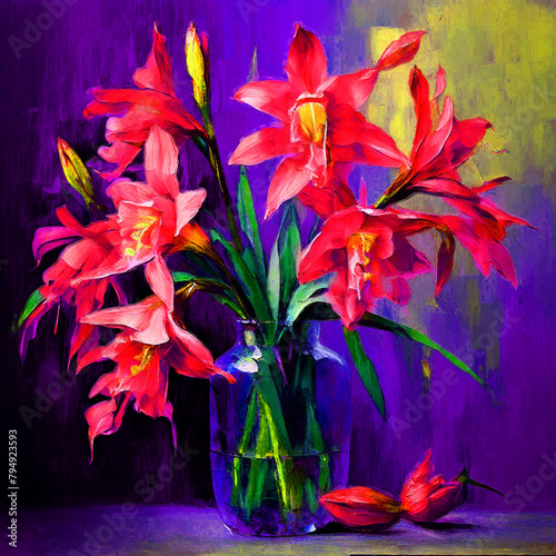 Floral colourful still life watercolour oil painting splash colour of bletilla flowers vase