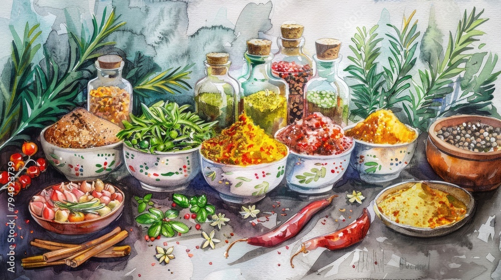 Holiday themed watercolor painting featuring spices