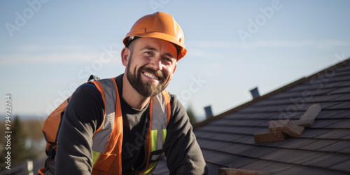 Professional portrait - Roofer laying shingles