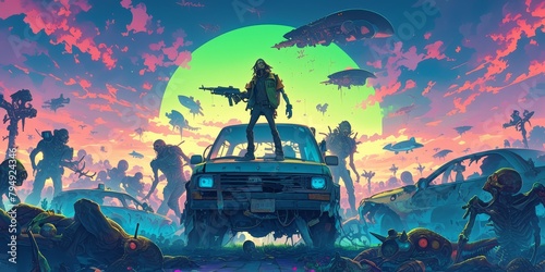 a black light poster of an alien zombie standing in front of his station wagon with other aliens around him, colorful, neon colors, space ships and ufo's flying  photo