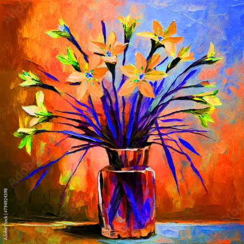 Floral colourful still life watercolour oil painting splash colour of blue-eyed-grass flowers vase photo