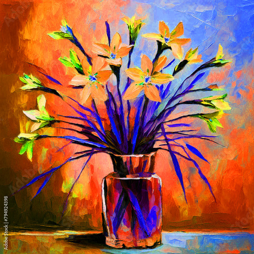 Floral colourful still life watercolour oil painting splash colour of blue-eyed-grass flowers vase