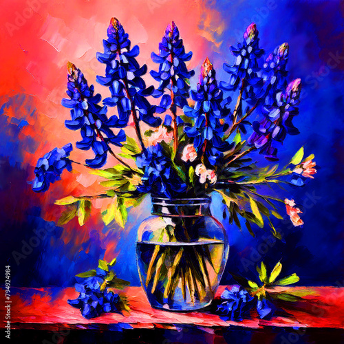 Floral colourful still life watercolour oil painting splash colour of bluebonnet flowers vase