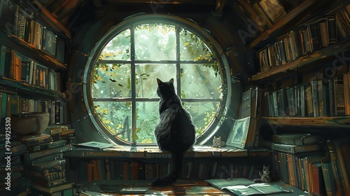 Black cat perched in a cozy attic library with lush greenery visible through a large window photo