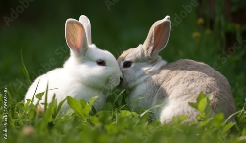A pair of adorable rabbits grooming each other in a lush green meadow.