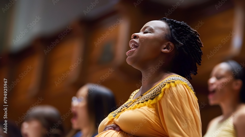 Pregnant Womans Voice Soars in Joyful Choir Song Expressing Unborn Childs Anticipated Bond Generative ai
