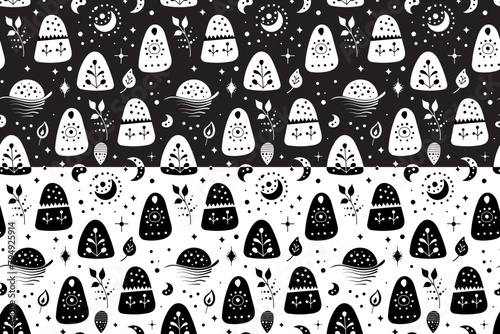 Seamless neo folk art vector pattern with mountains, moon and flowers, black and white floral design. Neo folk style endless background perfect for textile design. photo