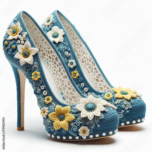 beautiful women's shoes with high thin heel, decorated with colored wool flowers, white interior, blunt toe, blue color, white background photo