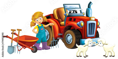 cartoon scene young girl near wheelbarrow and tractor car for different tasks farm animal sheep playing farming tools illustration for children