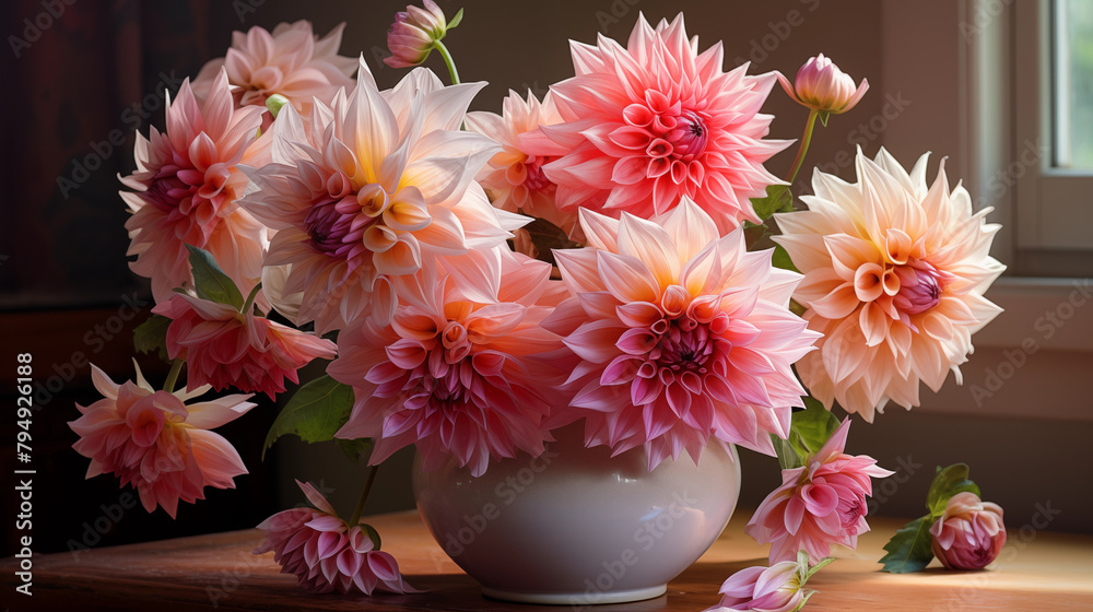 Bouquet of chrysanthemums in a pink vase amidst vibrant summer blossoms Bouquet of chrysanthemums in a pink vase amidst vibrant summer blossoms