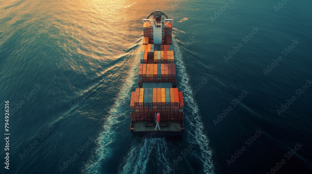 Satellite view of full loaded cargo ship sailing on blue ocean ship wake on sea during sunset