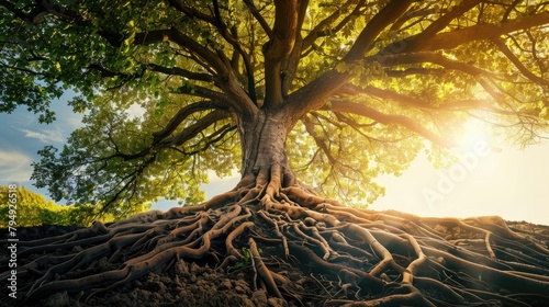 Evergrenn tree stands on a hill, at the base of which lie strong roots penetrating deep into the ground