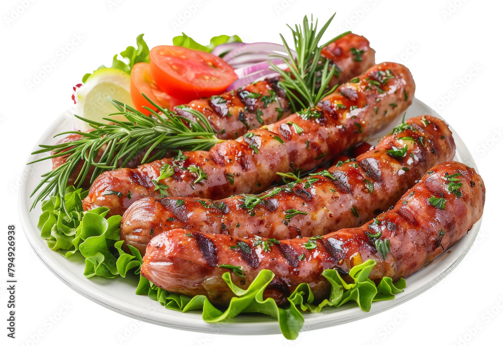 Grilled sausages on a plate with vegetables isolated on transparent background