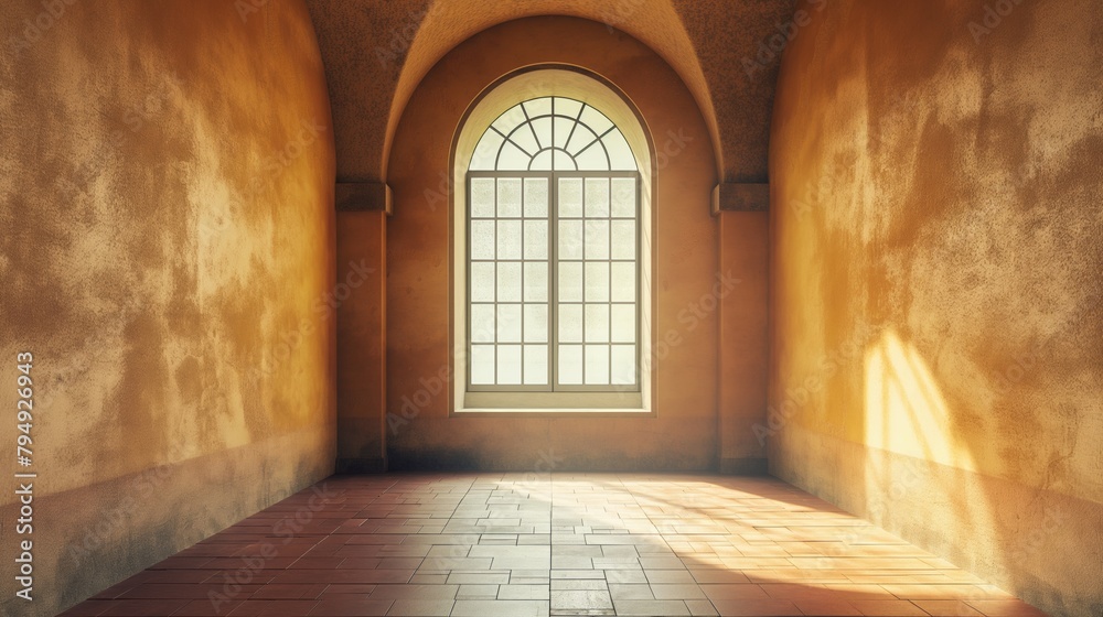 Fototapeta premium In the center of an empty mid-century room is an arched window and wooden floor, accentuated by textured warm tones.