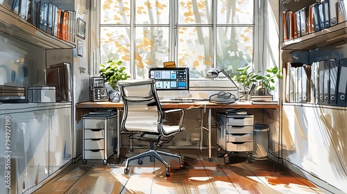 Detailed sketch of a modern home office design with a stylish desk  ergonomic chair  and artistic wall decorations