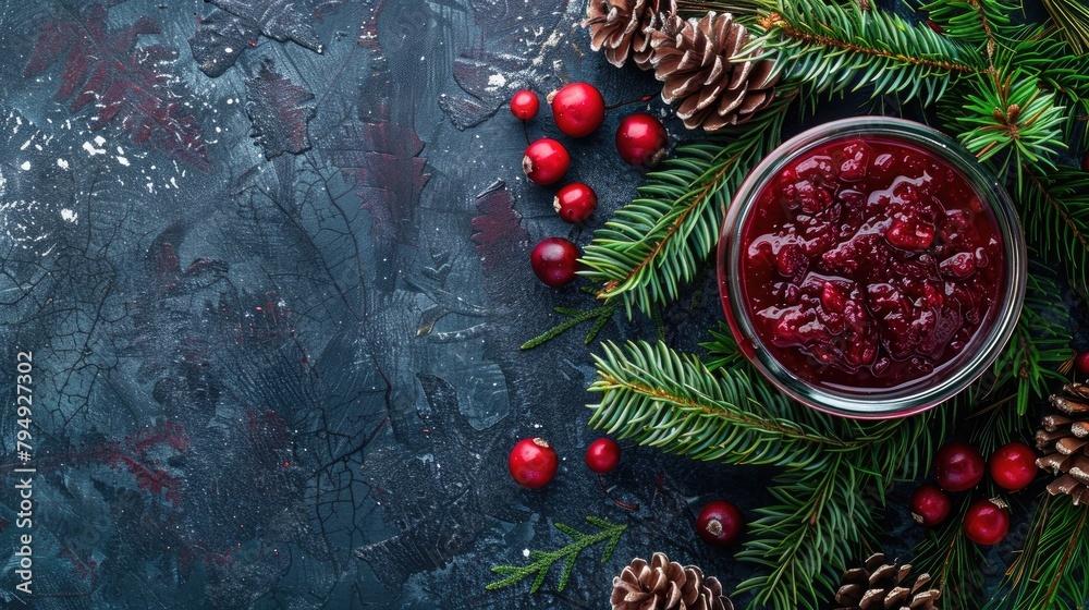 Cranberry jam in a glass container surrounded by spruce branches and cones on a dark background with plenty of space for text